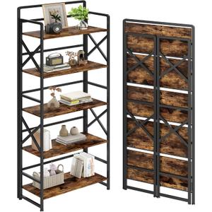 No Assembly Folding Bookshelf, 5 Tiers Vintage Wood Collapsible Book Shelf for Storage,Industrial Metal Foldable Bookcase Organizer for Living Room Bedroom Home Office (Rustic Brown)