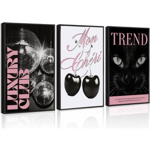 3Pcs Unframed Trendy Pink Preppy Wall Art Fashion Cat Disco Ball Cherry Canvas Posters Prints Funky Y2k Wall Decor Pictures for Girly Bedroom Apartment Dorm Decorations