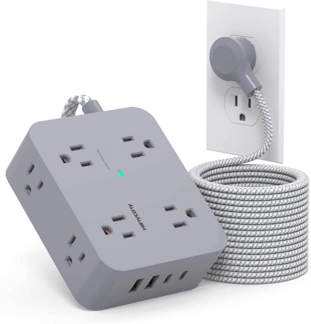 Surge Protector Power Strip 15 Ft Long Cord, HANYCONY 8 Outlets 4 USB Ports(2 USB C), Flat Plug, Desk Charging Station for Home Office College Dorm Room Essentials (15Ft, Gray)