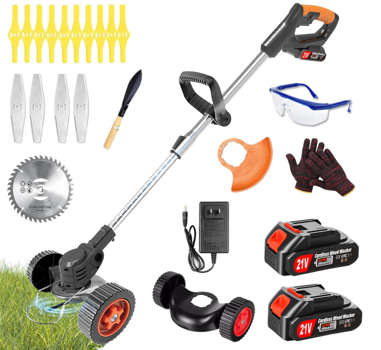 Electric Weed Wacker Cordless Weed Eater Battery Powered, 21V Stringless Grass Trimmer/Edger/Brush Cutter/Lawn Mower, 2 Battery with Wheel & Blades for Yard Garden