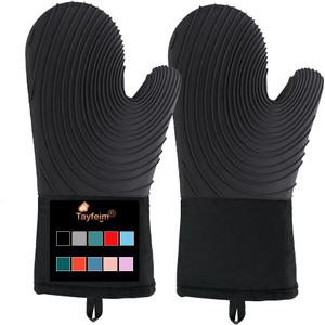 Silicone Oven Mitts-13.6 in Extended Oven Mitts Heat Resistant 500F, Oven Gloves with Soft Liner Good Grippy BPA-Free Easy to Clean Flexible-Oven Mits Set for Cooking Baking Grilling BBQ (Black)