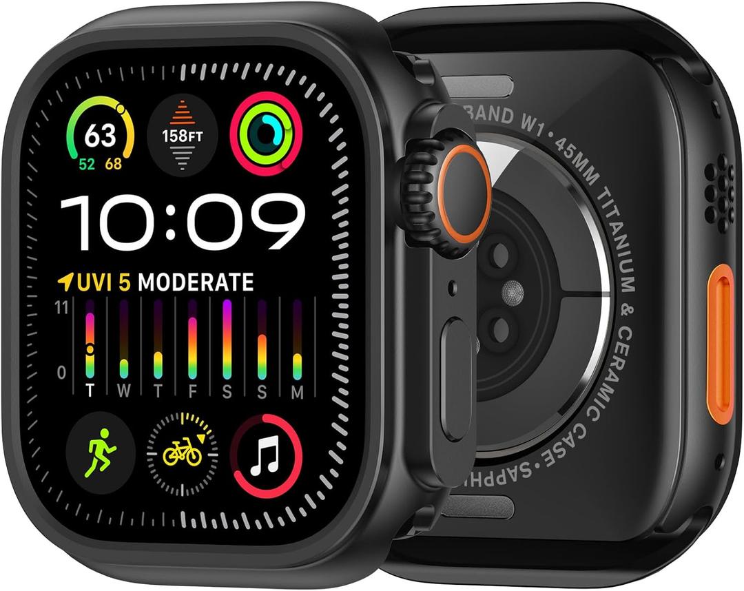 amBand 3 in 1 Metal Case Compatible with Apple Watch Series 9/8/7 45mm, W1 Protector Rugged Bumper with Watch Crown + Back Cover, Black