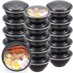 KitchnMore 36oz Extra-Thick Meal Prep Bowls with Lids, Plastic Containers with Clear Covers for Noodles, Poke Bowl, Salad, Soup - Freezer, Microwave & Dishwasher-Safe (30Pack)