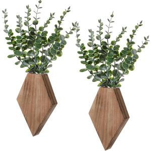 Chunful 2 Pcs Wooden Wall Planter Decor Hanging Fake Plants Greenery Flowers Holder Vase Boxes for Wall Bohemian Farmhouse Room Kitchen Office Indoor Decoration(Wooden Color,7.1 x 4.7 x 1.2 Inches)