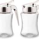 J&M DESIGN 2-Pack Glass Syrup Dispenser Bottle for Maple Syrup, Honey Pot or Sugar Jar W/Handle Shaker For Pancakes, Coffee, Cereal Bowl, Tea Pour Spout Lid Easy Spoon Measure 7.5oz Container Holder