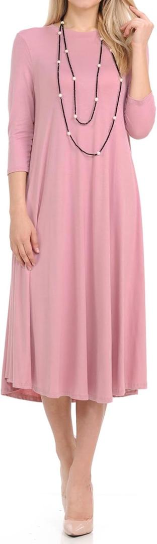 iconic luxe Women's Swing Midi Dress – 3/4 Sleeve Flowy A-Line Tunic – Soft, Stretchy, Comfortable, and Versatile (Large, Rose)