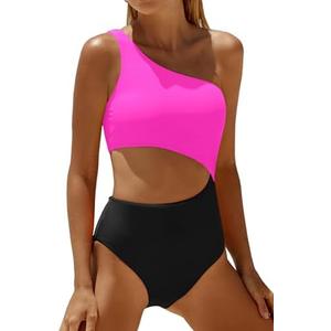 Women's One Piece Swimsuit- One Shoulder Bathing Suit Cutout Tummy Control Swimwear, L