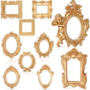 Yulejo 10 Pcs Mini Gold Picture Frames Victorian Small Vintage Resin Antique Photo Frame Tiny Baroque Ornate Frame for DIY Jewelry Display Wall Home Wedding Decor, Without Glass or Backing(Gold)