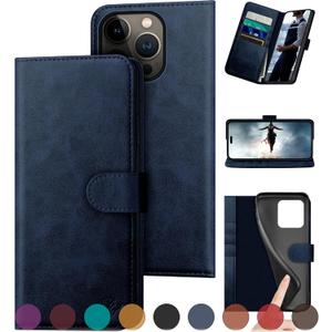 DuckSky Compatible with iPhone 16 Pro Max Genuine Leather Wallet caseRFID Blocking4 Credit Card HolderReal Leather Flip Folio Book Phone case Cover Women Men for Apple 16 ProMax case Dark Blue