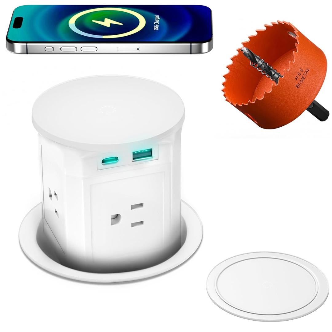 Pop Up Countertop Outlet with 15W Wireless Charger,Pop up Outlet,Max 20W USB Power Delivery,Free 3.94"100mm Hole Opener,Pop Up Electrical Outlet with 4 Outlets 15A, 2 USB Ports for Home Office. (White)