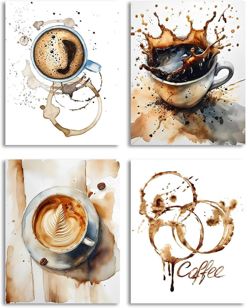 Coffee Print Wall Art, Watercolor Brown Coffee Wall Art Canvas for Office, Kitchen or Cafe Canvas Prints, Set of 4 - (8" x 10", Unframed)