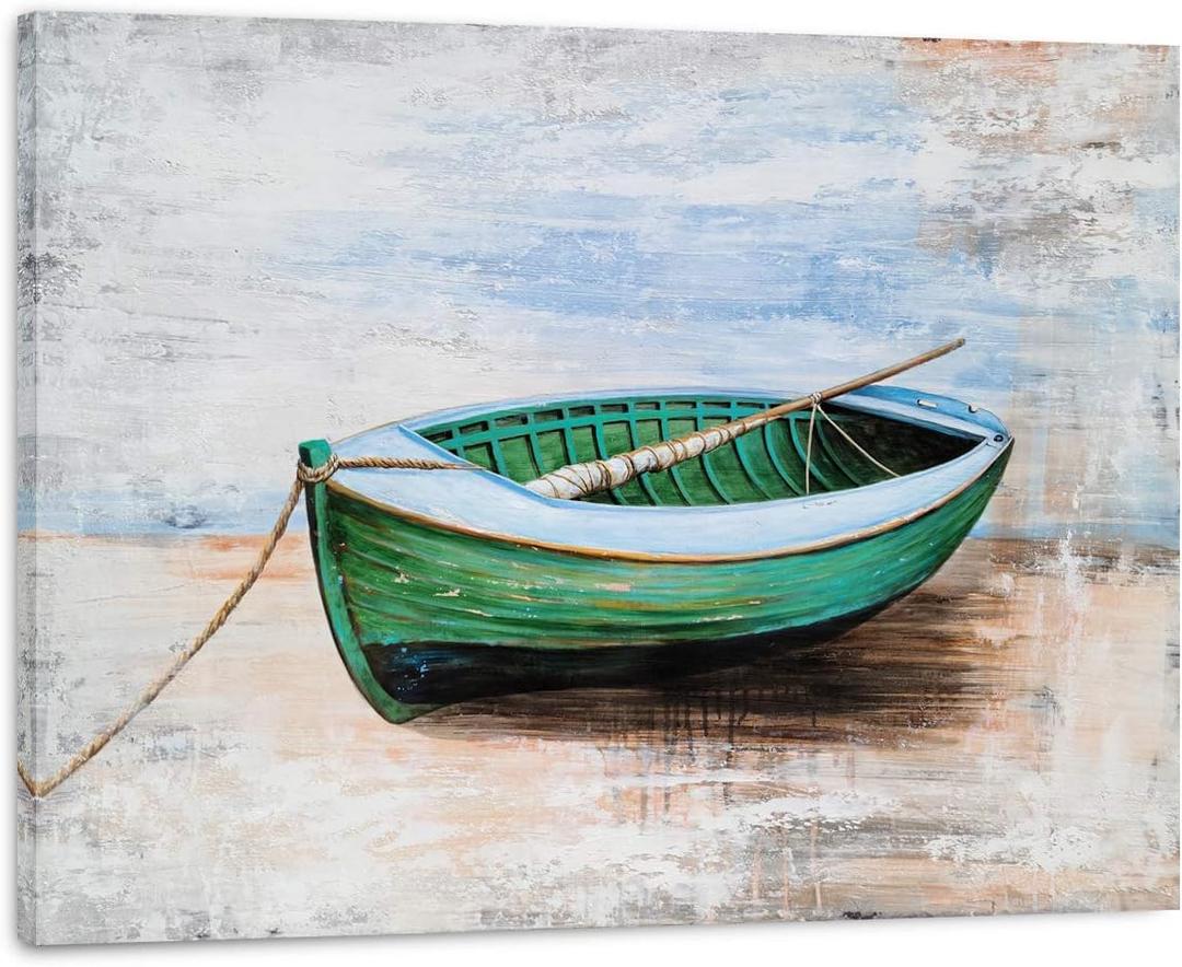 Yihui Arts - Nautical Canvas Wall Art - Green Boat Oil Painting - Modern Abstract Coastal Pictures for Bathroom Livingroom Bedroom Decor