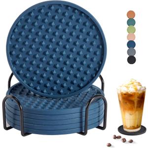 Coga Silicone Coasters Set of 6 with Holder, Square, Blue, Dishwasher Safe, Non-Slip, Heat Resistant