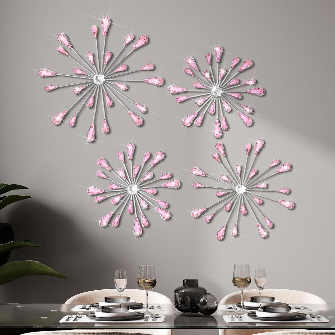 Hicarer 4 Pcs Starburst Wall Decor Bling Wall Art Crystal Teardrop 3D Hanging Rhinestone Radial Metal Artwork Modern Accent Sculptures Decorations for Living Room Home Office Bedroom (Pink)