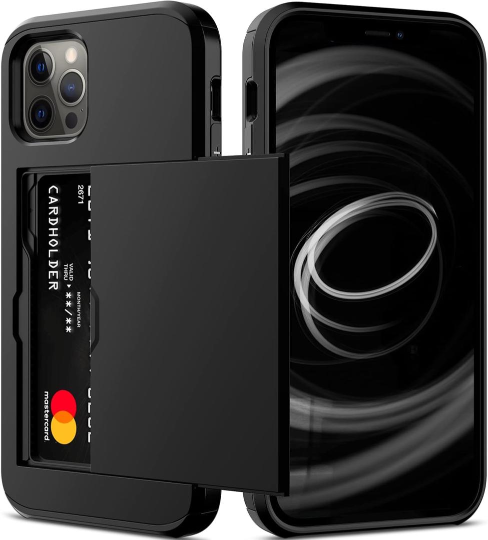 Nvollnoe for iPhone 12/iPhone 12 Pro Case with Card Holder Heavy Duty Protective Dual Layer Shockproof Hidden Card Slot Slim Wallet Case for iPhone 12/12 Pro for Men&Women(Black)