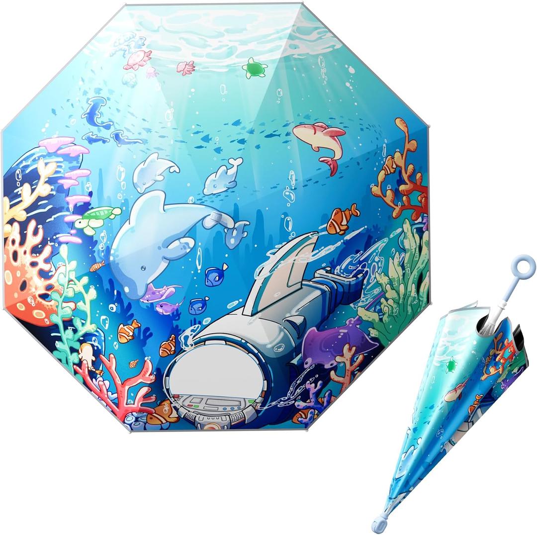 HOUSTIN Kids Umbrella – Lightweight & Fun Design with 360° Reflective Strips, Safety Anti-Pinch Mechanism, Perfect for Rain or Shine, Ages 3-10 – Ideal Outdoor Umbrella for Children