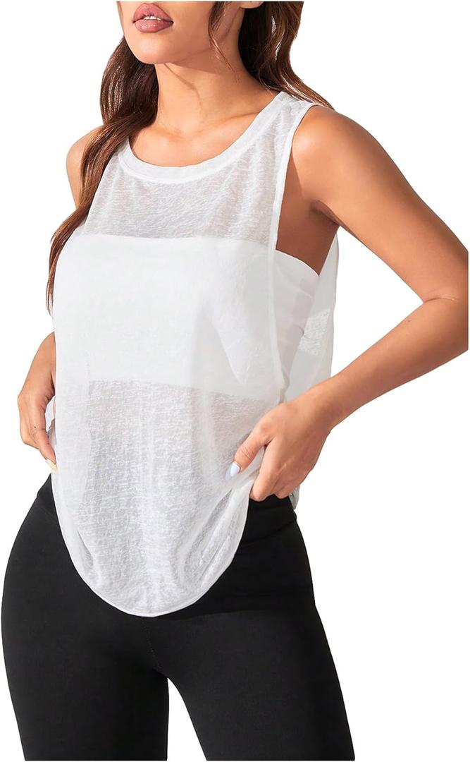 OYOANGLE Women's Sheer Sleeveless Crew Neck Sports Tank Top Sleeveless Athletic Workout Shirts White Sheer X-Large