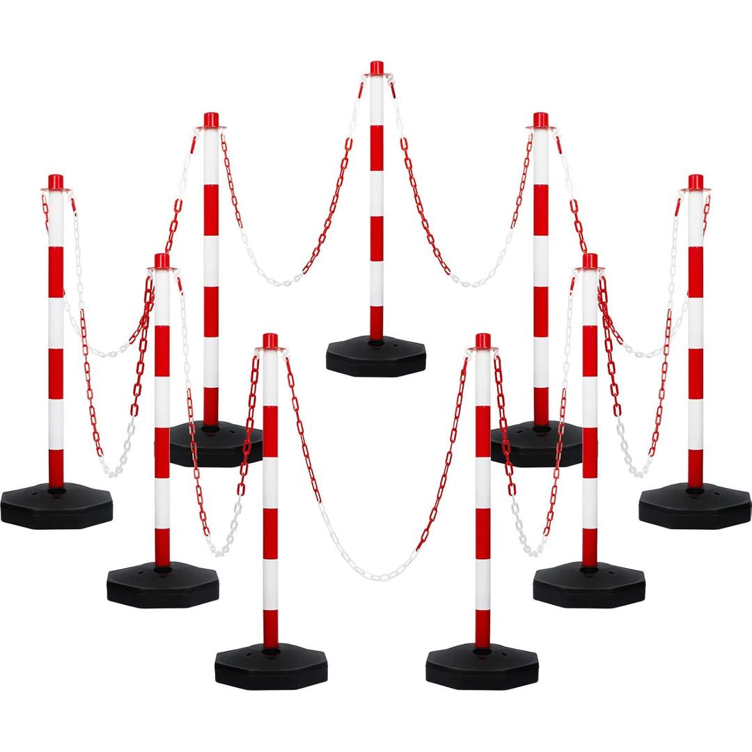 Amylove 9 Packs Traffic Delineator Post Cone with Base, Traffic Cones Safety Cones Caution Cones Plastic Stanchion Chain Safety Barriers with 6.6 Feet Link Chain and S Hooks for Parking Lot (Red)