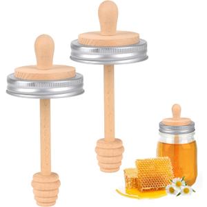 Sun3drucker Wooden Mason Jar Honey Dipper with Lids Set - Honey Dipper Wooden Stick for Regular Mouth Mason Jars, Honey Spoon Honeycomb Lids for Regular Mouth 16 oz Mason, Ball Jars