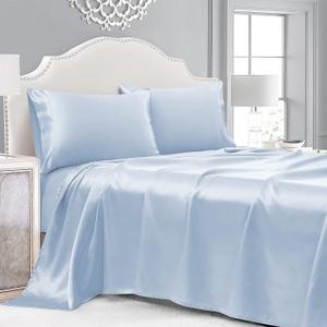 3 Pieces Light Blue Satin Sheets Twin Size Bed Set, Luxury Silky Satin Bedding Sheets Set with 1 Deep Pocket Fitted Sheet, 1 Soft Flat Sheet, 1 Pillowcases