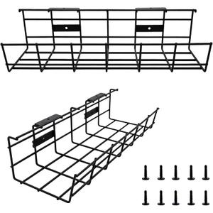 Under Desk Cable Management- 2 Pack Cord Organizer. Metal Wire Cable Management Tray for Office, Studio and Home. Super Sturdy Under Table Cable Management - Black Cable Organizer