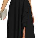 COOAN Women's Black Long Formal Dresses Cocktail Wedding Guest Dress Ruffle Split Elegant V Neck Party Gowns Large, Black-t30
