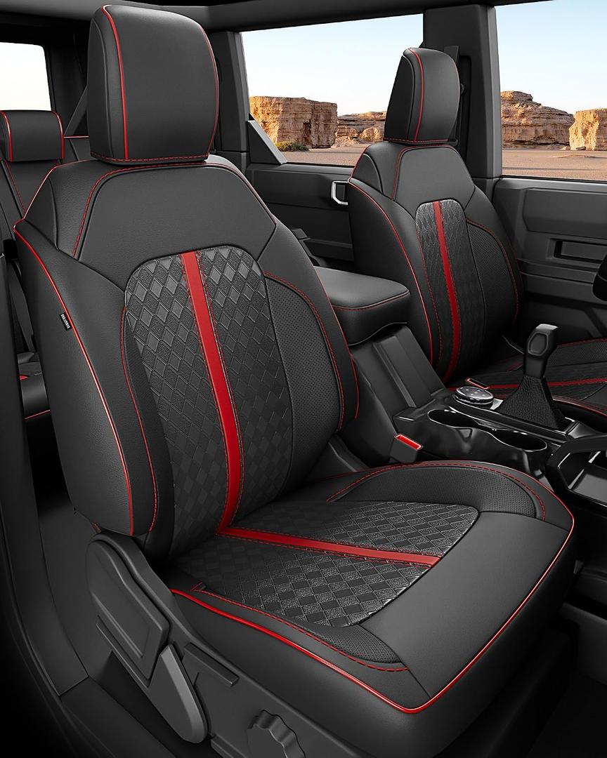 for Ford Bronco Seat Covers 4 Door 2021 2022 2023 2024 2025 2026, Custom Fit Leather Car Seat Cover Full Set, Luxury SUV Interior Protectors Accessories, Black Red NOT for Raptor Sport