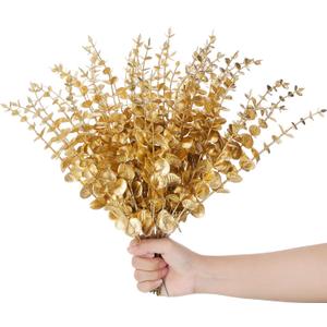 Ysleen 45 Pcs Gold Eucalyptus Stems Bulk 15 Inch Gold Fake Eucalyptus Branches Artificial Leaves Greenery Plant Centerpieces for Wedding Party Bouquet Home Farmhouse Vase DIY Craft Table Decorations