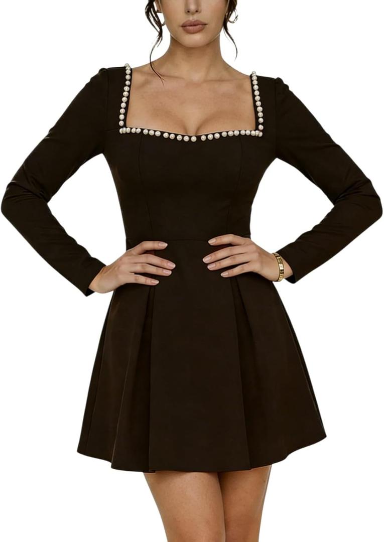 Womens Long Sleeve Faux Pearl Black Mini Dress Square Neck A Line Elegant Short Wedding Party Dresses (Black, L)