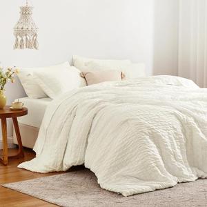 Love's cabin Seersucker Ivory Queen Comforter Set 7 Pieces, All Season Bedding Set, Queen Bed in a Bag with Comforter, Flat Sheet, Fitted Sheet, Pillowcase and Pillow Sham