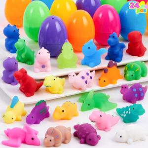 JOYIN 24 Pcs Easter Prefilled Eggs with Mochi Squishy Toys, Dinosaur Stress Reliever Squishy Toy for Easter Theme Egg Hunt, Kids Party Favor, Basket Stuffers Filler, Classroom Prize Supplies