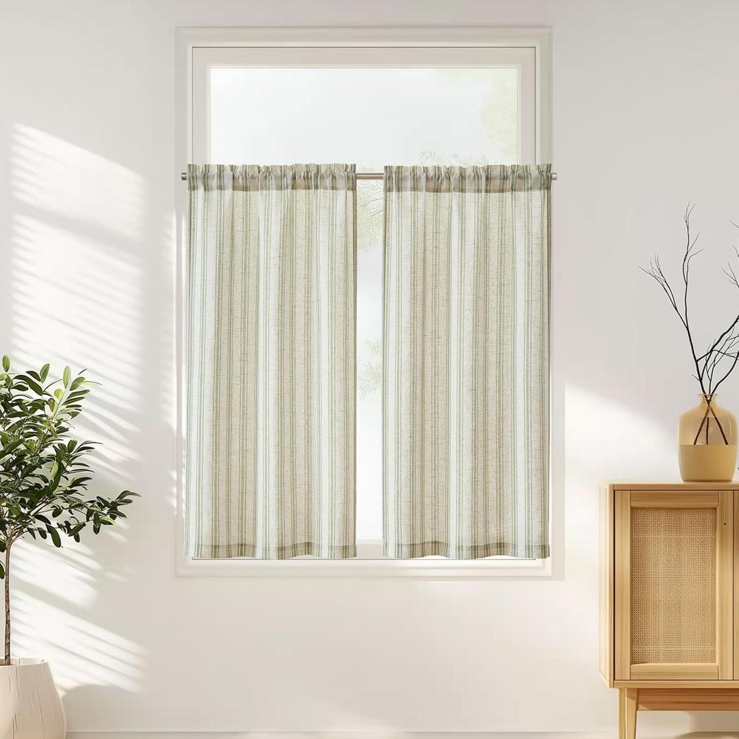 jinchan Striped Linen Kitchen Curtains 45 Inch Cafe Tier Curtains Balanced Stripe Farmhouse Small Drapes for Bathroom Laundry Over Sink Half Window Light Filtering 2 Panels Sage Green on Beige