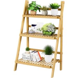 Foldable Ladder Shelf 39.4", Plant Shelf 3 Tier, Bamboo Ladder Flower Pot Display Shelf, Freestanding Ladder Bookshelf for Living Room, Balcony, Yard, Garden, 23.6"W x 15"D x 39.4"H, Natural