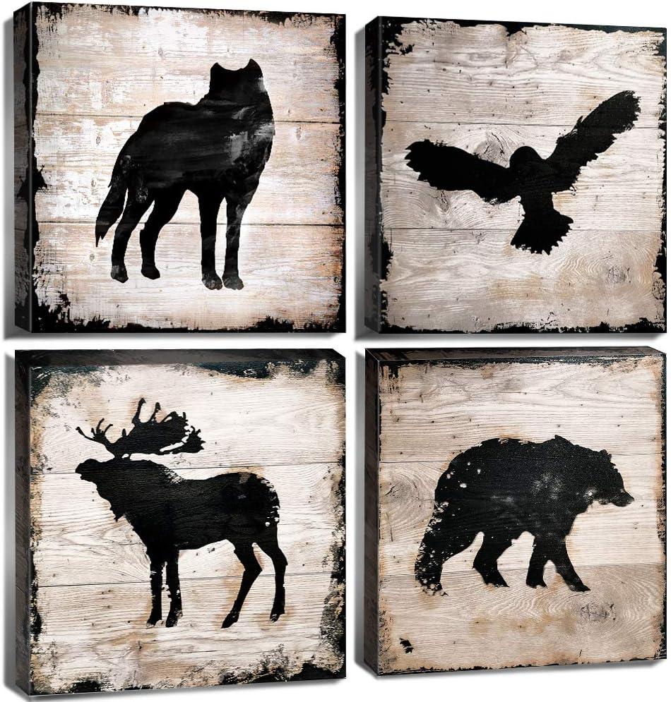 Cabin Wall Decor Wildlife Wall Art Woodland Nursery Bear Pictures for Living Room Rustic Farmhouse Animals Poster Moose Wolf Eagle Deer Artwork Canvas Prints Bedroom Lodge Home Decorations 12x12" 4P