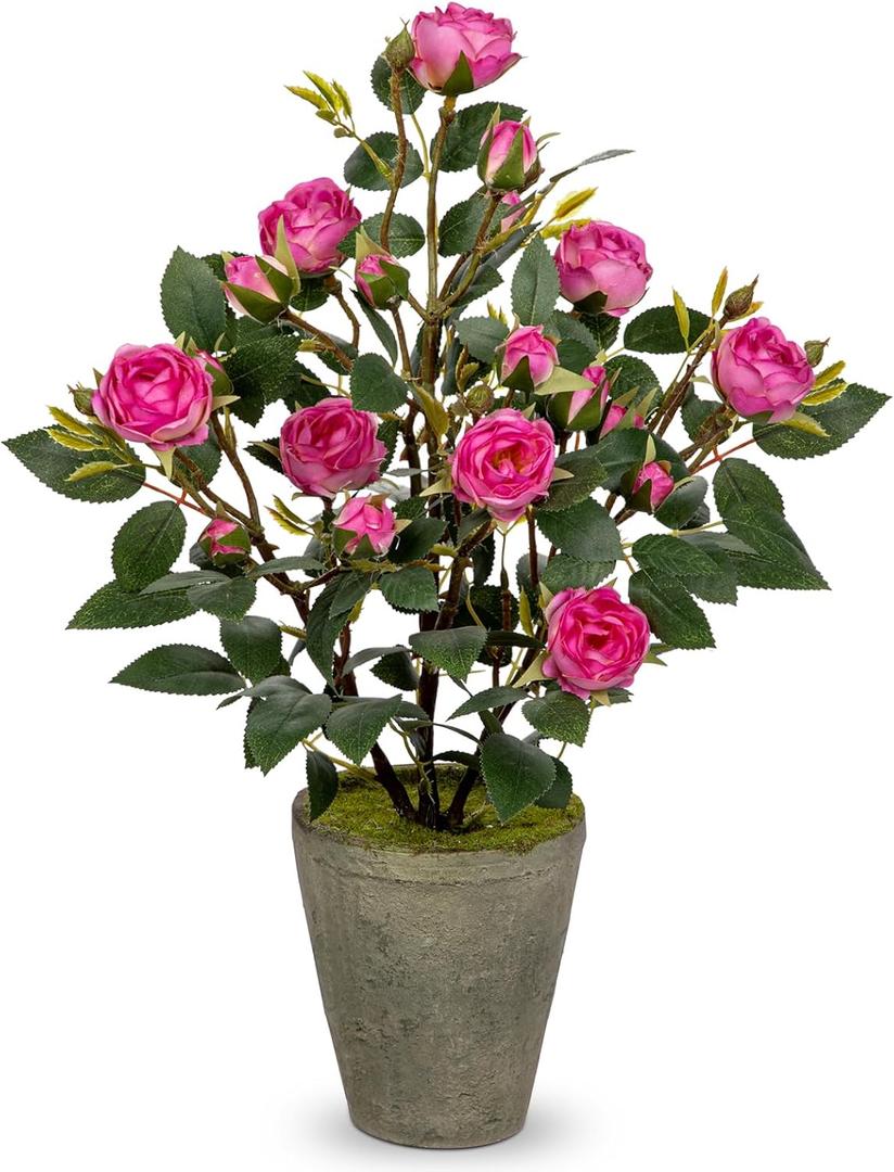 Artificial Flower Plants Camellia Pink Roses Faux Potted Plant with Cement Pot Fake Silk Flower Rose Camellias Flower Arrangement Office Home Decor Bathroom Shelf Desk Decoration 15 Inch