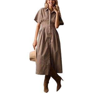 calbatic Women Striped Button Down Pleated Shirt Dress Summer Short Sleeve Ruffle A Line Swing Long Blouse Midi Long Dress (XL)