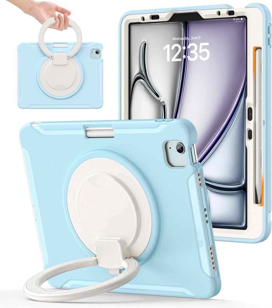 BATYUE Shockproof Case for iPad Air 11" M2/M3/M4, Air 4/5 10.9", iPad Pro 11" 1st-4th Gen 2018-2022 | 360 Multi-Angle Stand (Portrait & Landscape) & Grip, Built-in Pencil Holder, Frozen Blue