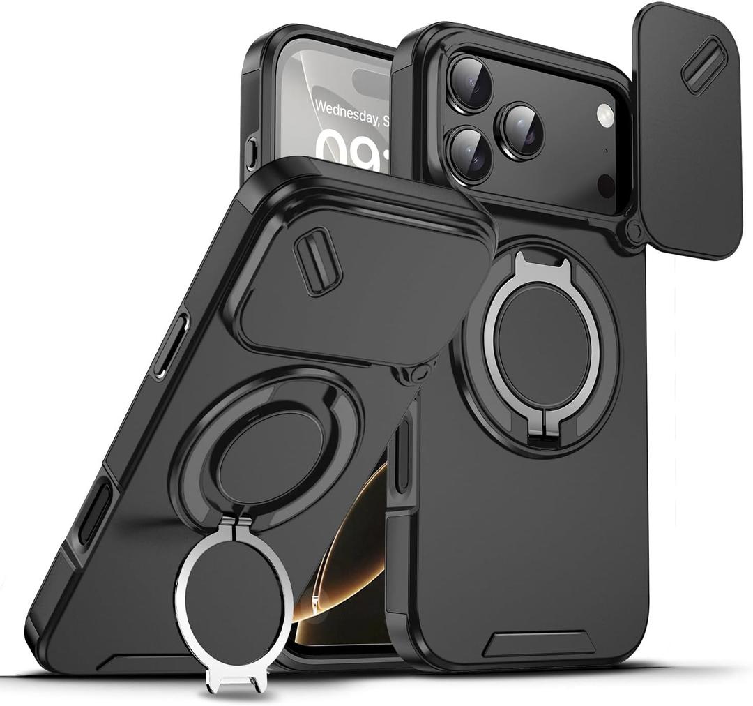 chubbycable Phone Case for iPhone 17 Chubbyarmor 2.0 Military-Grade Shockproof Magnetic Case with Camera Slide & 360 Kickstand Ring, Black