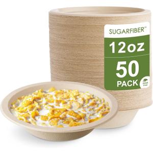 [50 Count] Harvest Pack PFAS Free 12oz Round Paper Compostable Bowls, Heavy-Duty Eco-Friendly Disposable Bagasse Bowls Sugarcane Natural Plant fibers for Meal Prep Takeout Dinnerware
