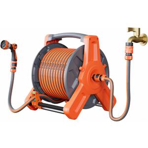 Water Hose with Holder 100FT, Water Hose with Reel, Hose and Reel Combo for Balcony Watering, Hose Nozzle with Quick Connector, Patio, Apartment, RV Trailer Compartment