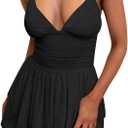 eoeoo Women's Sexy V Neck Tank Ruffle Mini Dress Sleeveless Mesh Flowy Short Dresses, Black XL