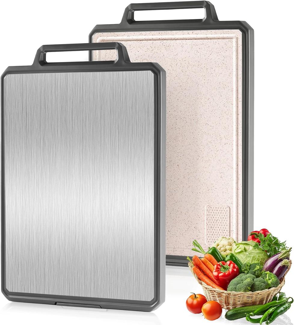 2 in 1 Stainless Steel Cutting Board Non-toxic for Kitchen Chopping Large Big Metal Carving Meat Butcher Block with Handle Not Titanium Wood Bamboo Plastic Over Sink Grey/Beige