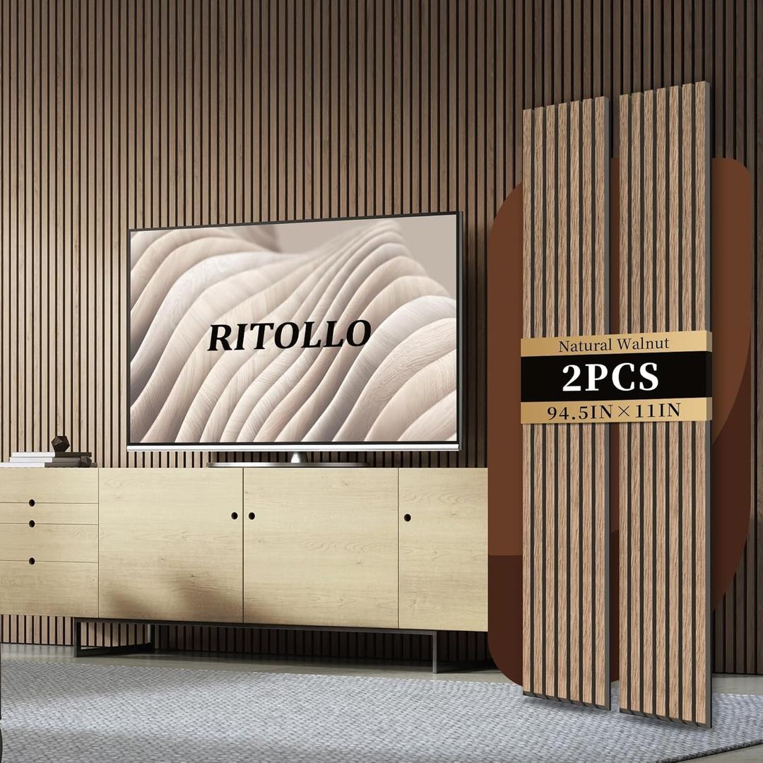 RITOLLO Wood Slat Panels for Wall 2-Piece 94.5"11" Acoustic Panels for Interior Wall Decor 3D Fluted Sound Absorbing Panel - Natural Walnut