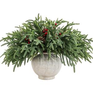 24 Pcs 18 Inch Real Touch Norfolk Pine Branches Christmas Greenery Stems with Pinecones & Red Berries for Christmas Decorations