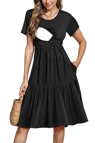 PARNIXS Women's Summer Nursing Dress Short Sleeve Maternity Knee Length Breastfeeding Dress(Designed with Pockets) M