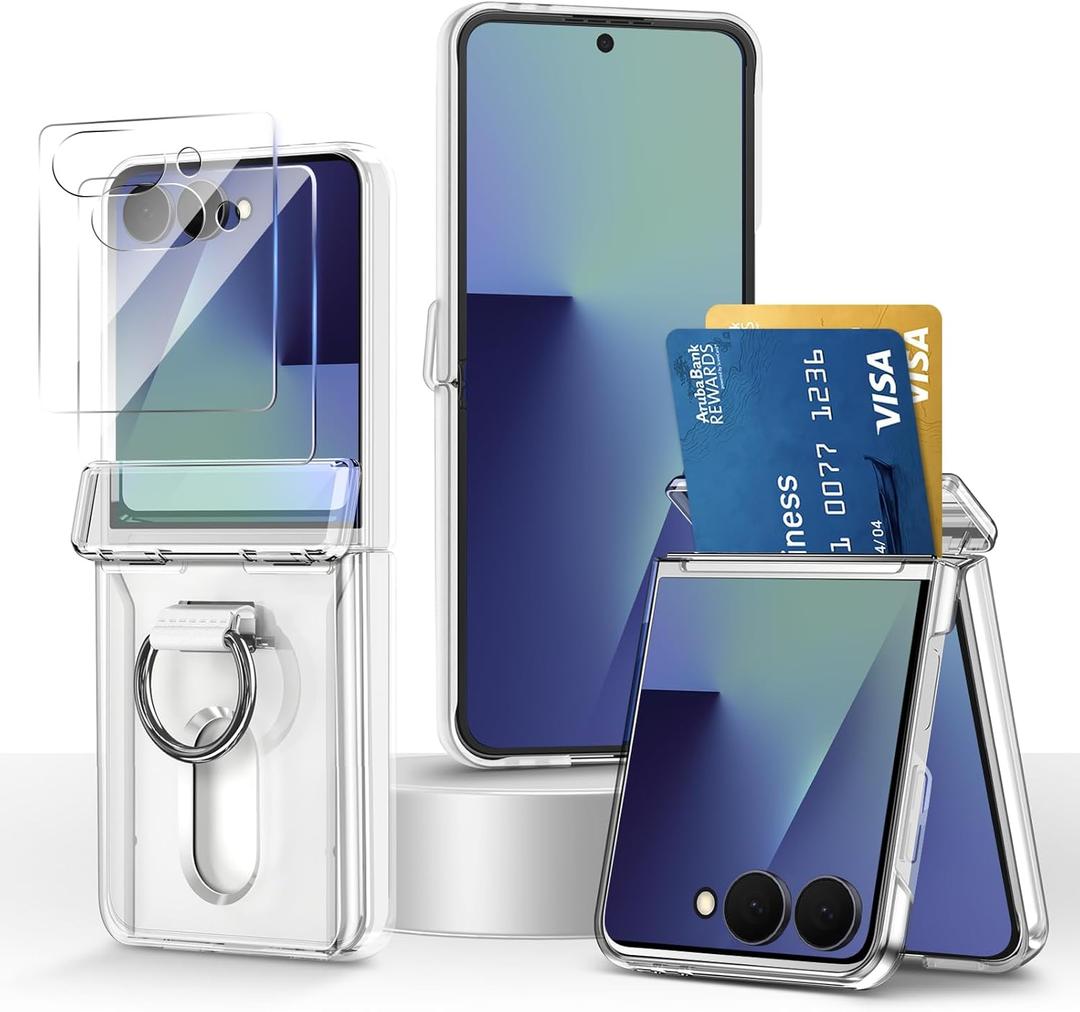 Card Holder Case for Samsung Galaxy Z Flip 7 with Ring and Hinge Protection, 2X Screen Protectors, Slim Wallet Cover Hard PC Anti-Fingerprint Matte Shell for Galaxy Z Flip 7, Transparent