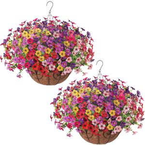 HyeFlora 2 Set Artificial Outdoor Flowers Hanging Basket, Faux Hanging Plants for Outside Spring Decoration, Fake Silk UV Resistant Look Real Daisy for Porch Patio Home Decor