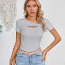 SANDERY Womens Fashion Clothes One Piece Cutout Tops Short Sleeve Ribbed Knit Slim Fitted Shirts Tee Tshirts (Gray, M)