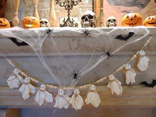 Halloween Garland 7ft Cute Ghost & Wooden Beads - Handmade Rustic Halloween Garland Banner for Mantle Fireplace Farmhouse Indoor Fall Home Decoration, White
