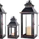 NEEDOMO Bronze Metal Lanterns Decorative Outdoor & Indoor, Set of 4 (17" & 10") with Glass, Candle Holder for Porch, Patio, Garden, Balcony, Wedding, Table Centerpiece Decorations